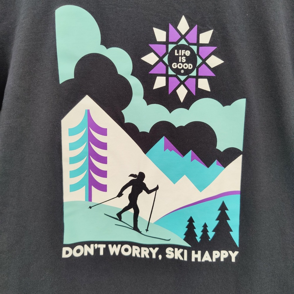 Life is Good Women 100% Cotton Ski Happy Graphic Tee M Black Long Sleeve Shirt